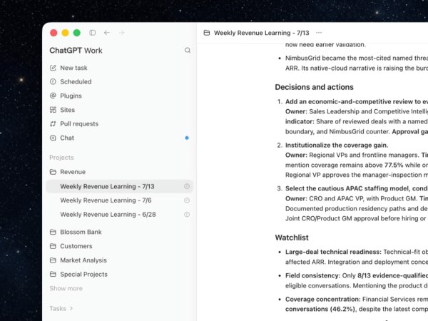 A frame from OpenAI go-to-market enablement work: a ChatGPT for Work demo workspace showing a weekly revenue analysis