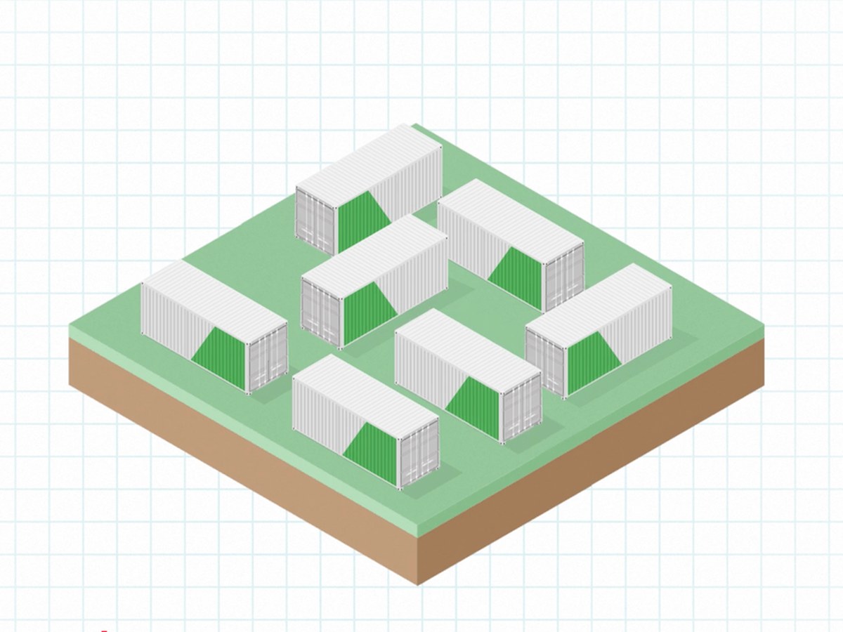 LIVEKINDLY explainer graphic: an isometric plot of container farms illustrating controlled-environment agriculture