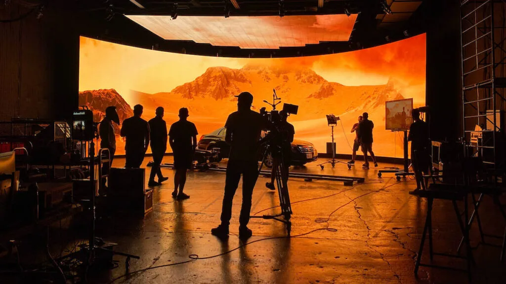 what a virtual production set looks like with an LED wall and a large crew